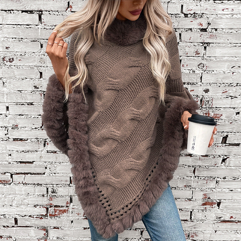 Women's Imitation Rex Rabbit Fur Collar Thick Sweater