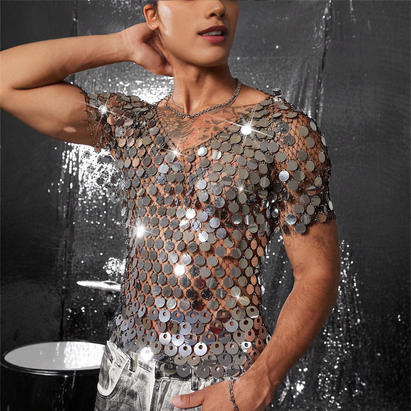 Men's Diamond Studded Hollow Sequin Mesh Outerwear Blouses