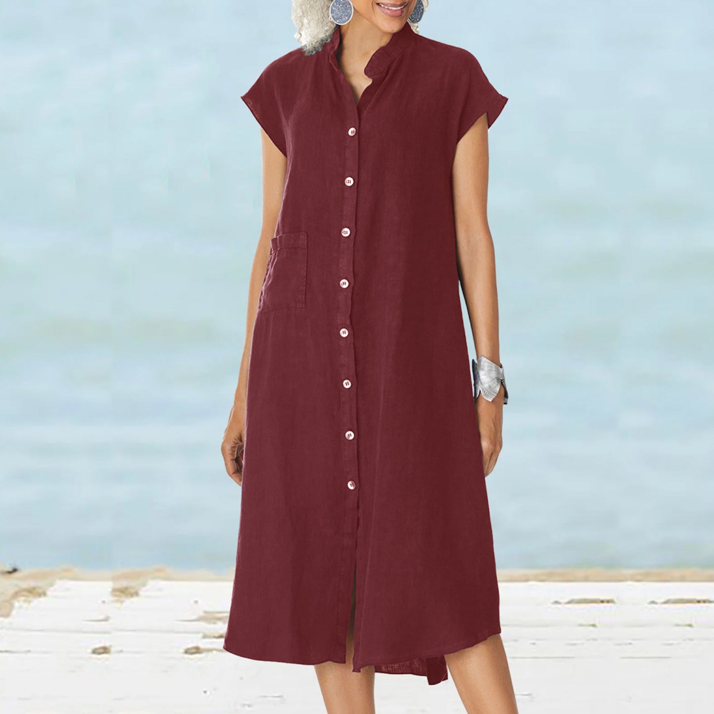 Women's Single-breasted Cotton Small Stand Collar Pocket Dress