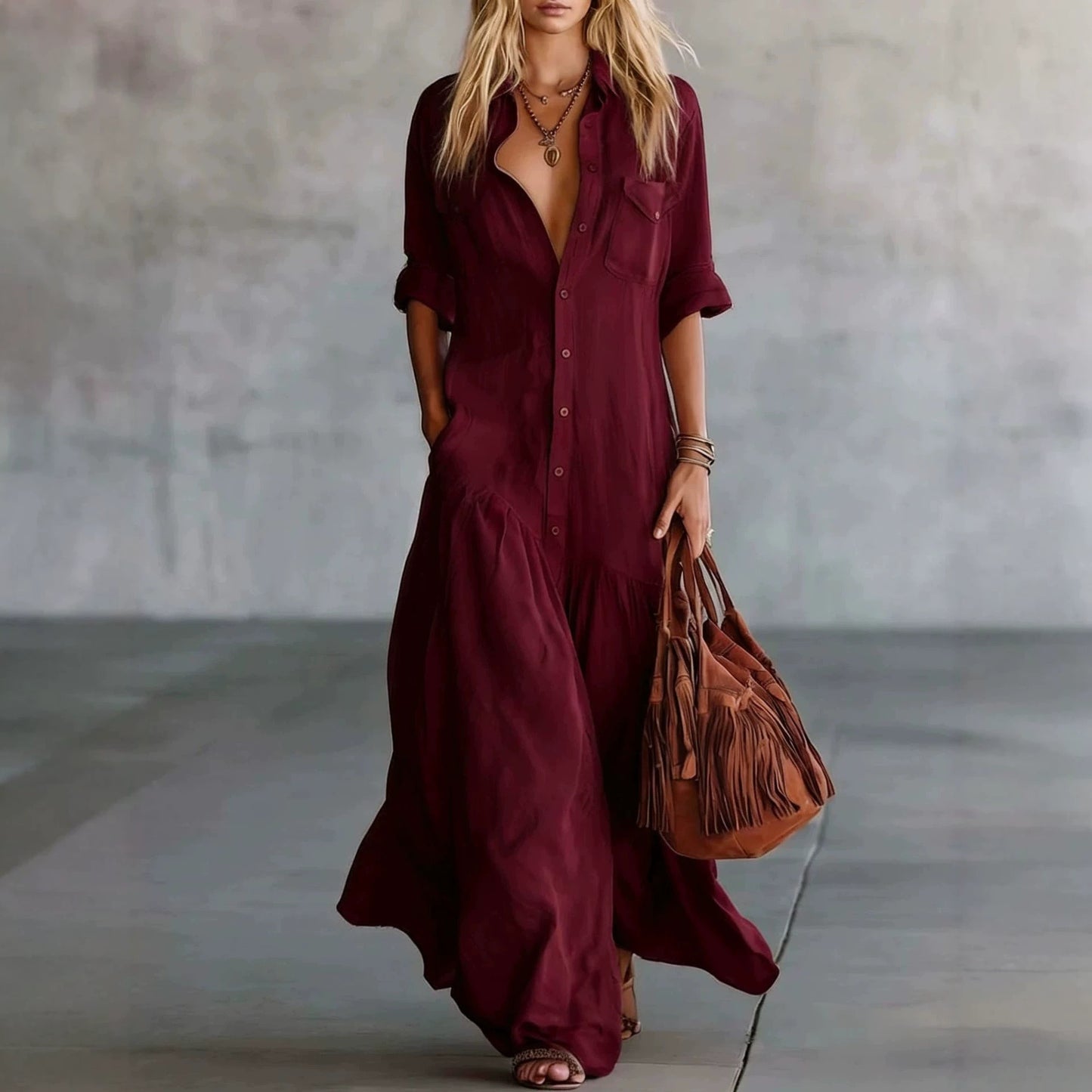 Women's Breasted Sleeve Casual Vacation Style Solid Color Dress