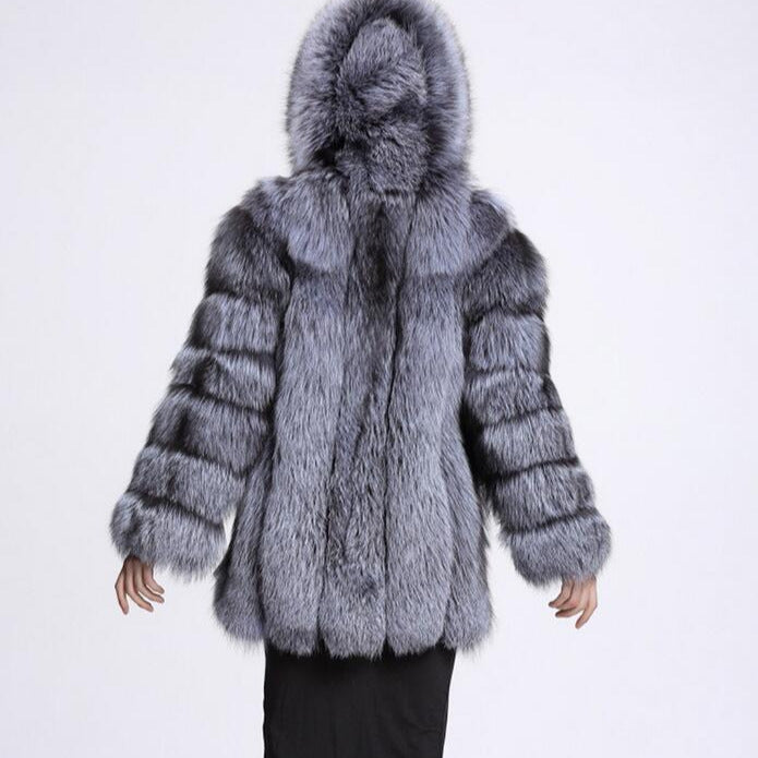 Women's Faux Fur Hooded Stitching Sier Fox Coats