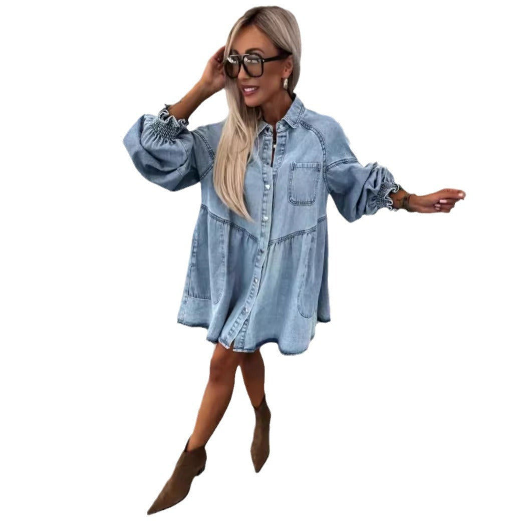 Women's Russian Shirt Button Denim Long Sleeve Dresses