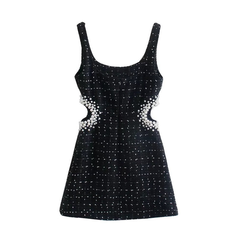 Women's Pearl Decorative Woolen Midriff Outfit Sling Dresses