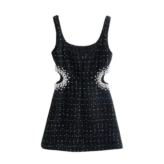 Women's Pearl Decorative Woolen Midriff Outfit Sling Dresses