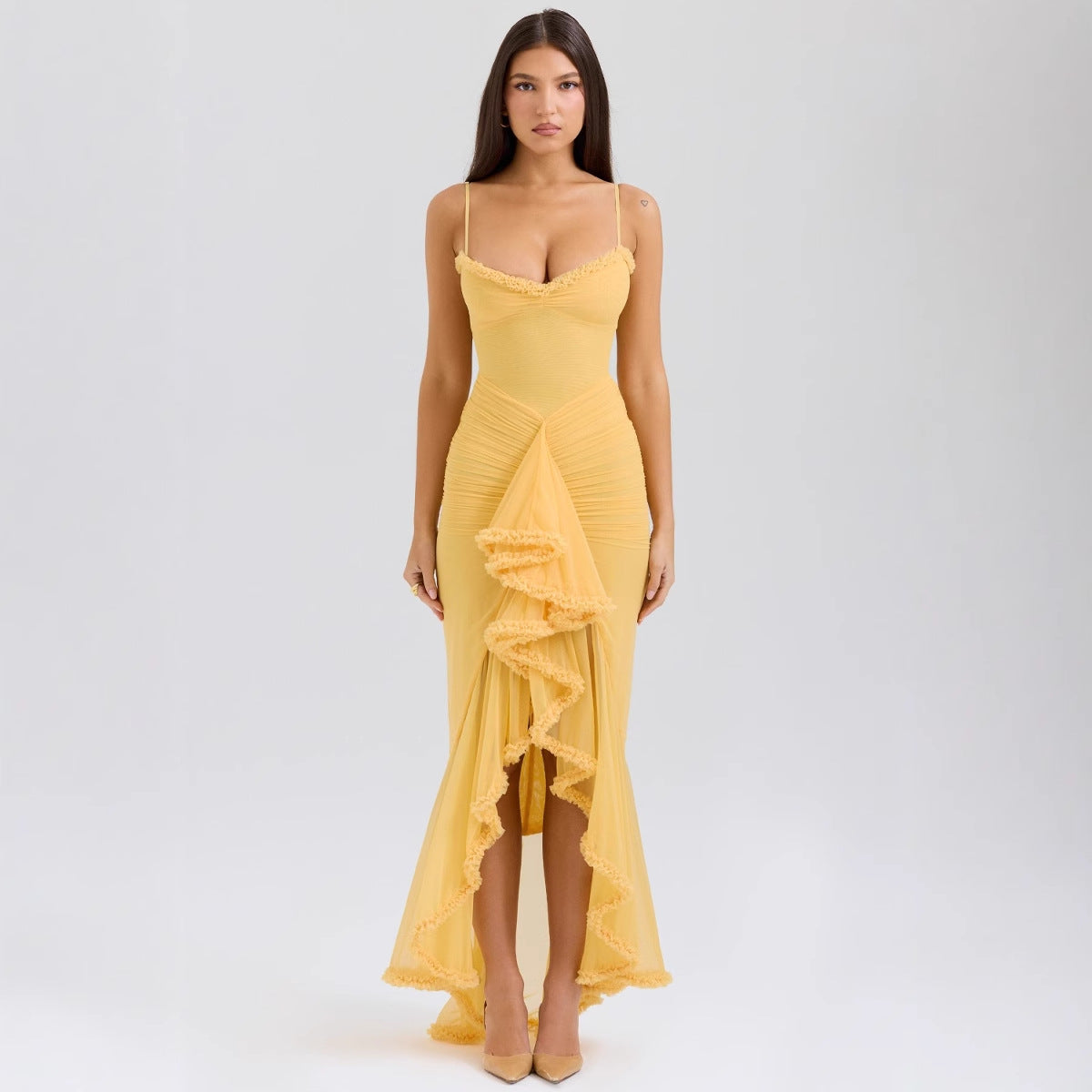 Quality Yellow Suspender Lace Long Dress Dresses