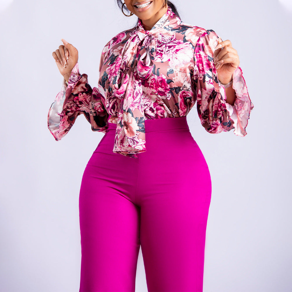 Women's Loose Large Printed Long-sleeved Shirt Two-piece Fashion Casual Suit