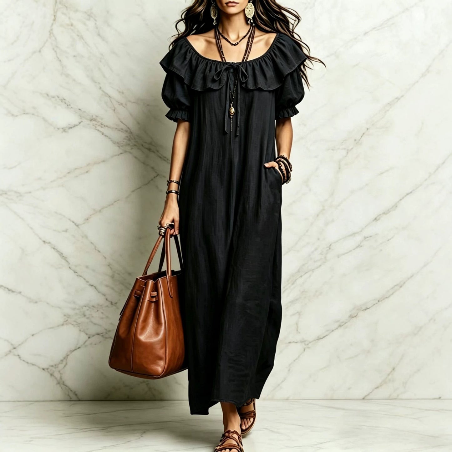 Loose Round Neck Ruffled Leisure Temperament Seaside Dress