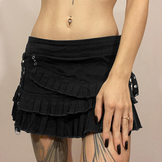 Layering Denim Pleated Side Button Zipper Bottoming Hot Skirts