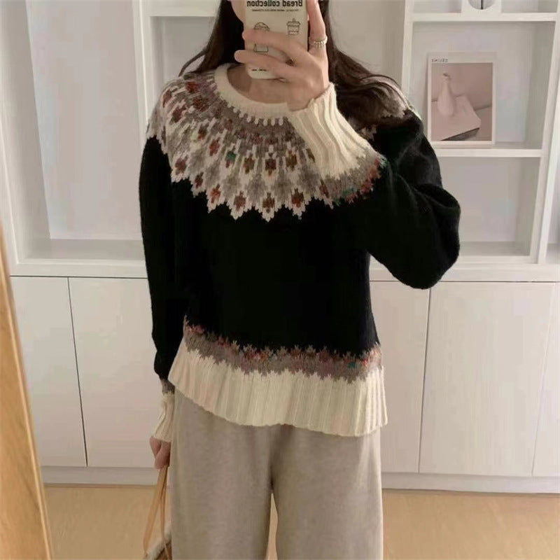 Women's Idle Style Contrast Color Jacquard Long Sleeve Loose Soft Sweaters