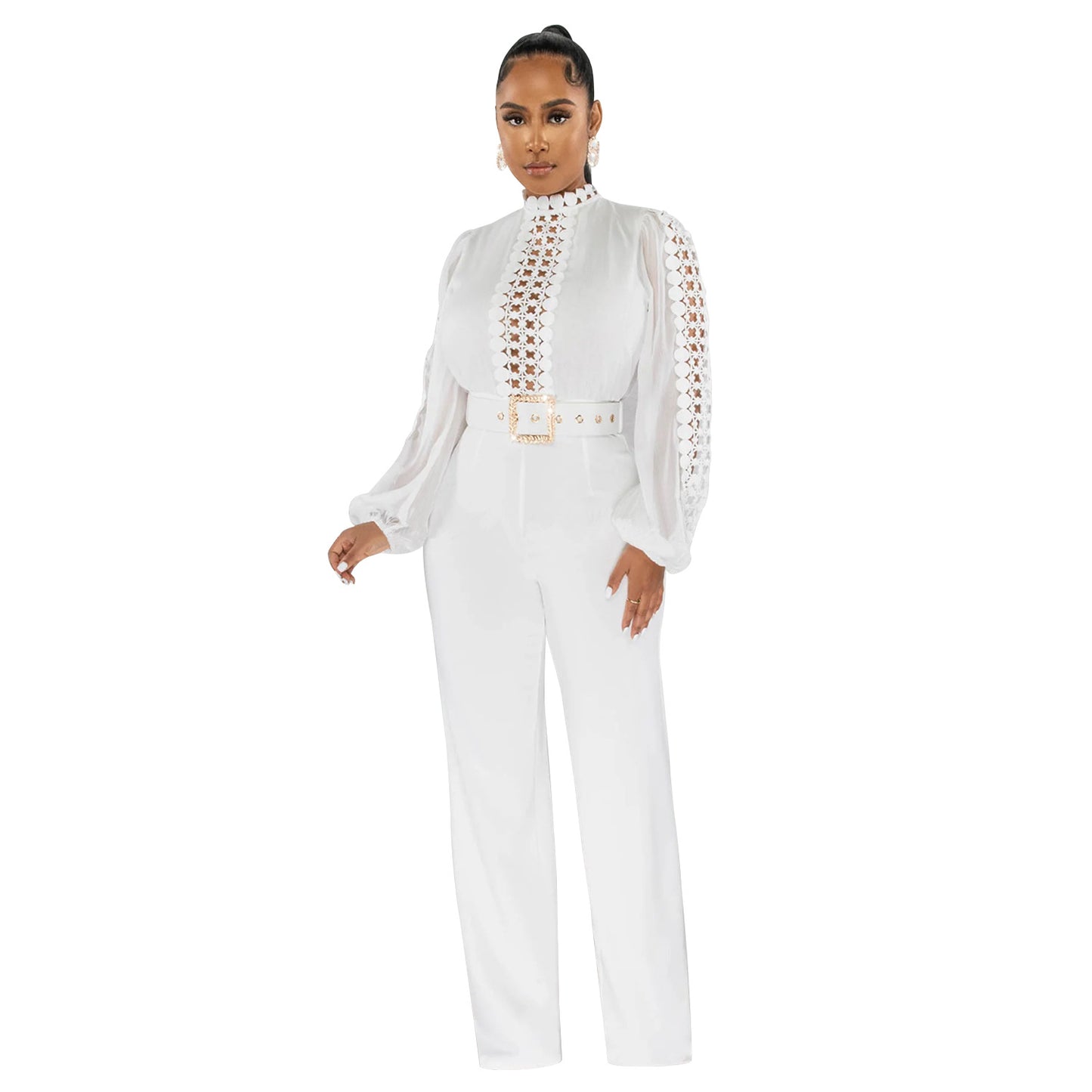Women's Wear Belt Lace Cutout Solid Color Suits