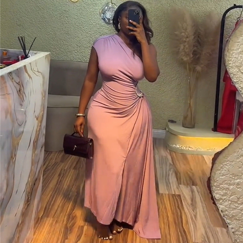 Women's Elegant Diagonal Collar Pleated Diamond Irregular Dresses