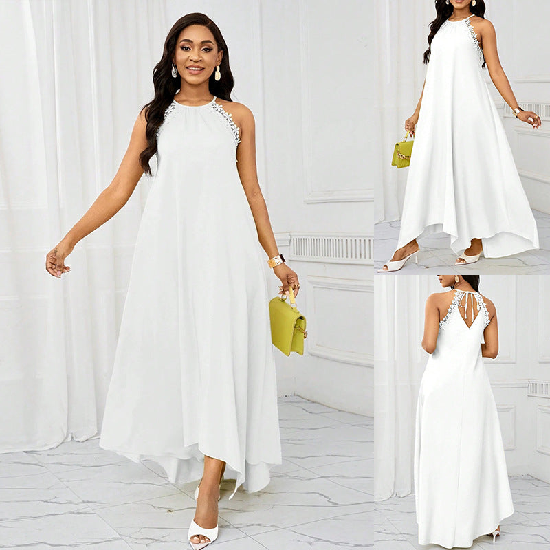 Summer White Elegant Holiday Suspender Lady Sexy Halter Backless Dress