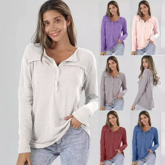 Women's Waffle Autumn Loose Button Long Sleeve Tops