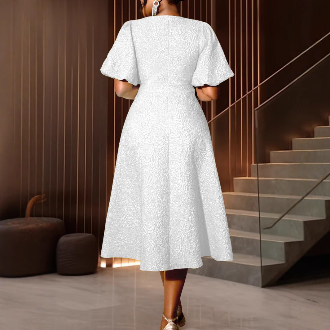 Rose Jacquard Round Neck Dress Commuter Dresses