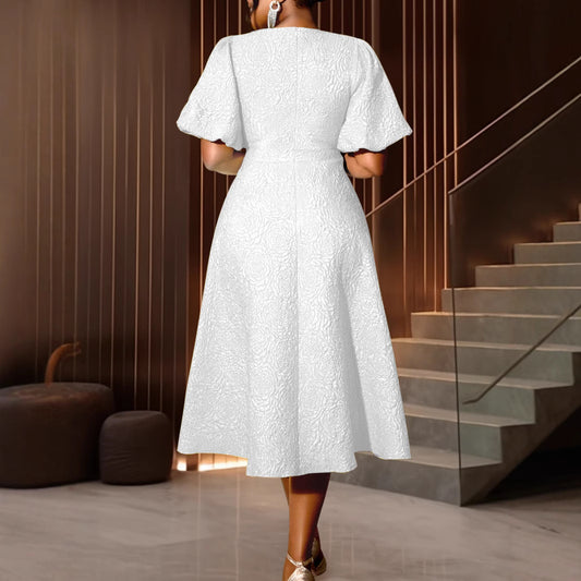 Rose Jacquard Round Neck Dress Commuter Dresses