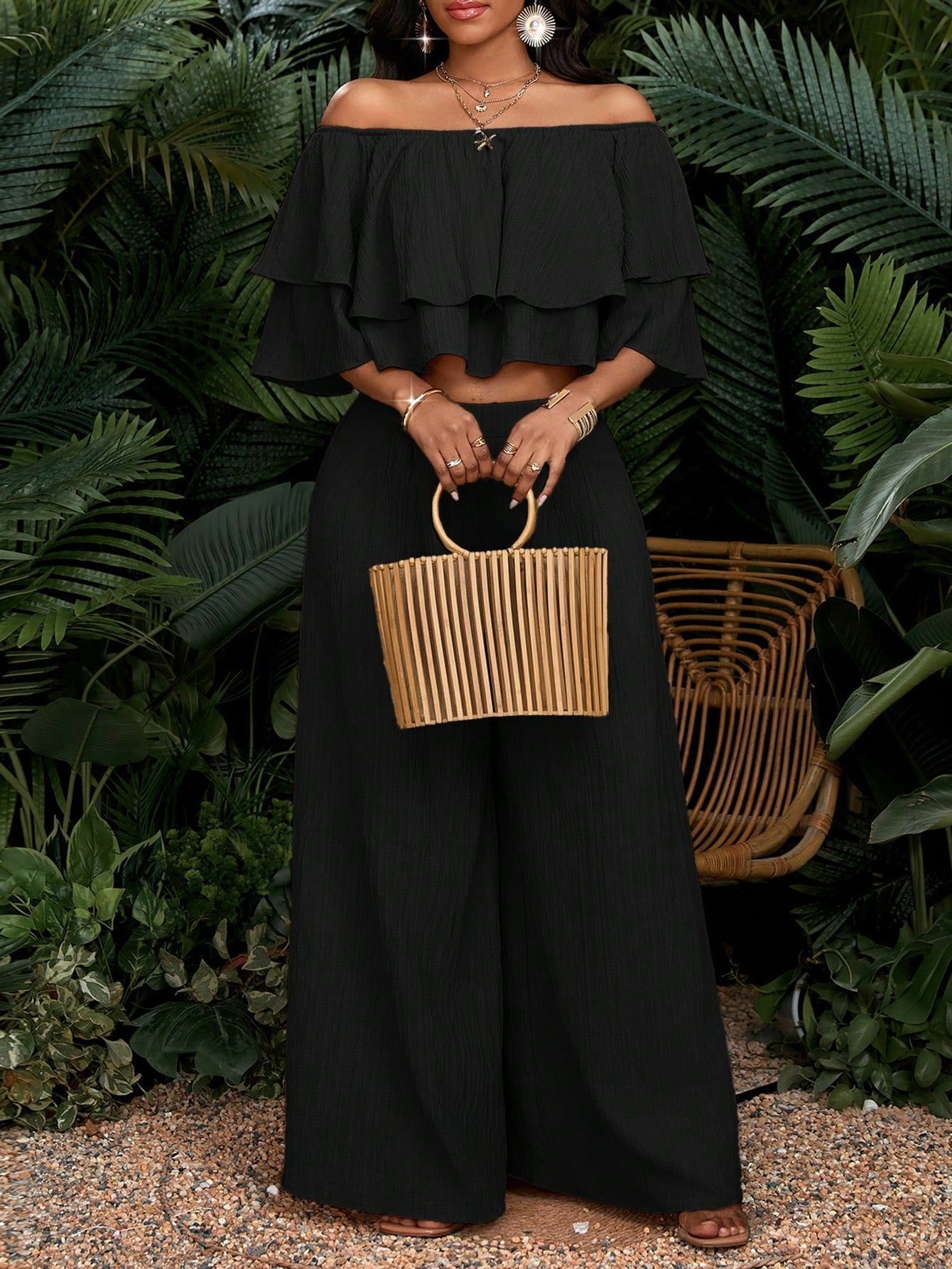 Ruffled High Waist Wide Leg Two-piece Fashion Casual Suit