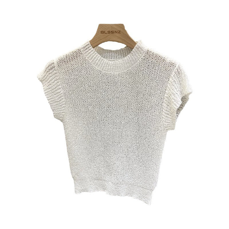 Women's European Goods Short-sleeved Summer Silk Ice Design Sleeveless Solid Women's Sweater