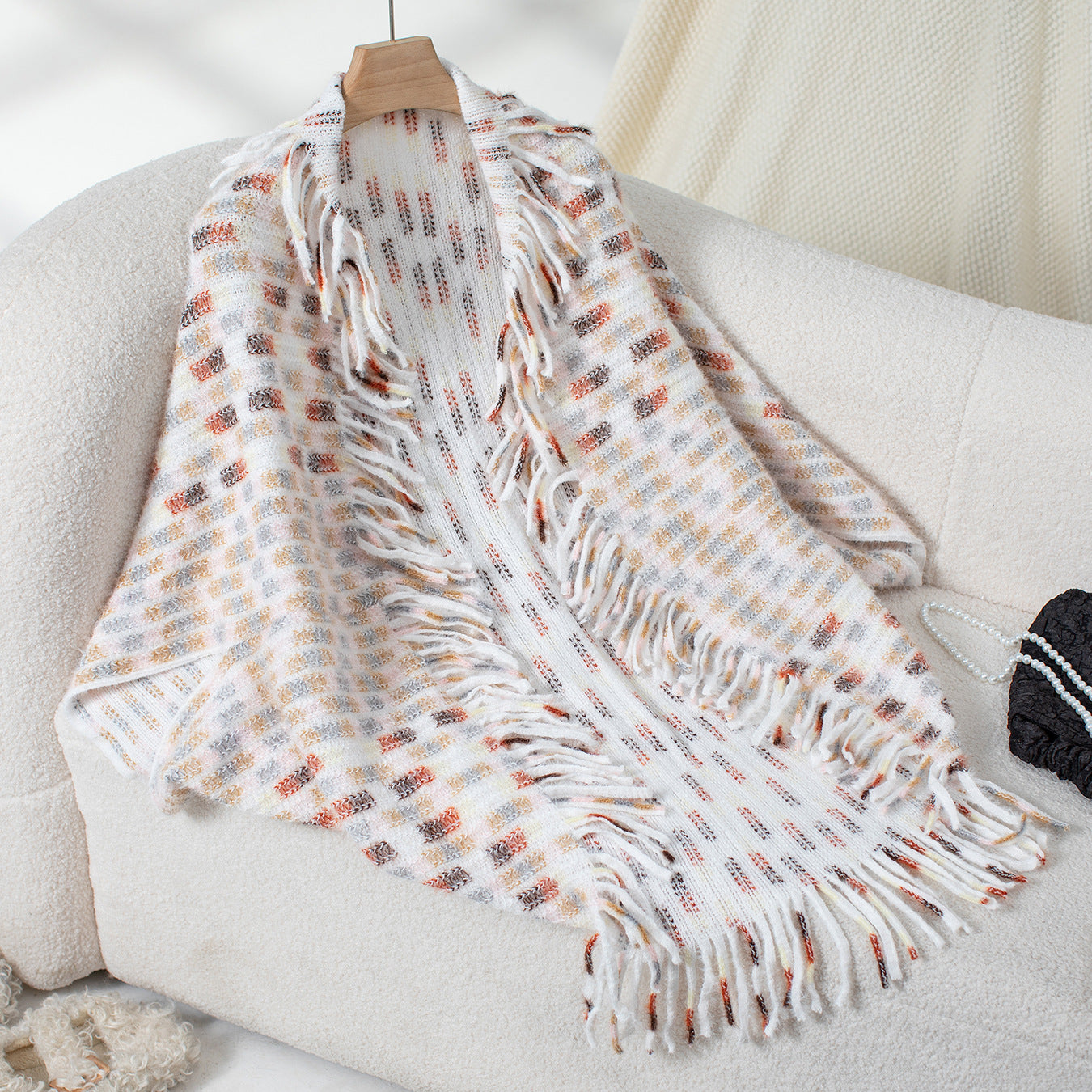 Women's Colored Plaid Knitted Tassel Shawl Casual Loose Women's Sweater