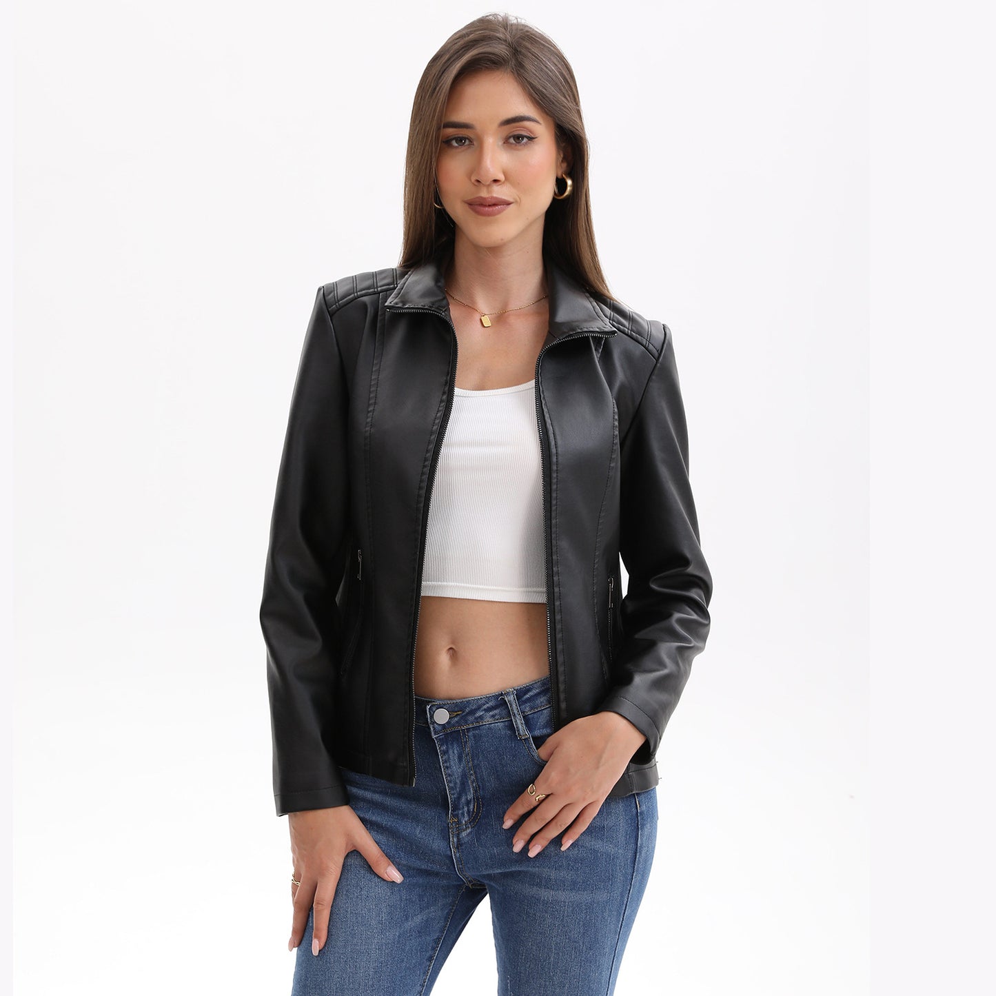 Women's Fashion Wear Leather Knitted Stitching Stretch Jackets