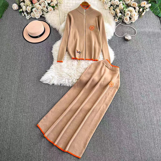 Women's Zipper Embroidered Long-sleeved Two-piece High Waist Suits