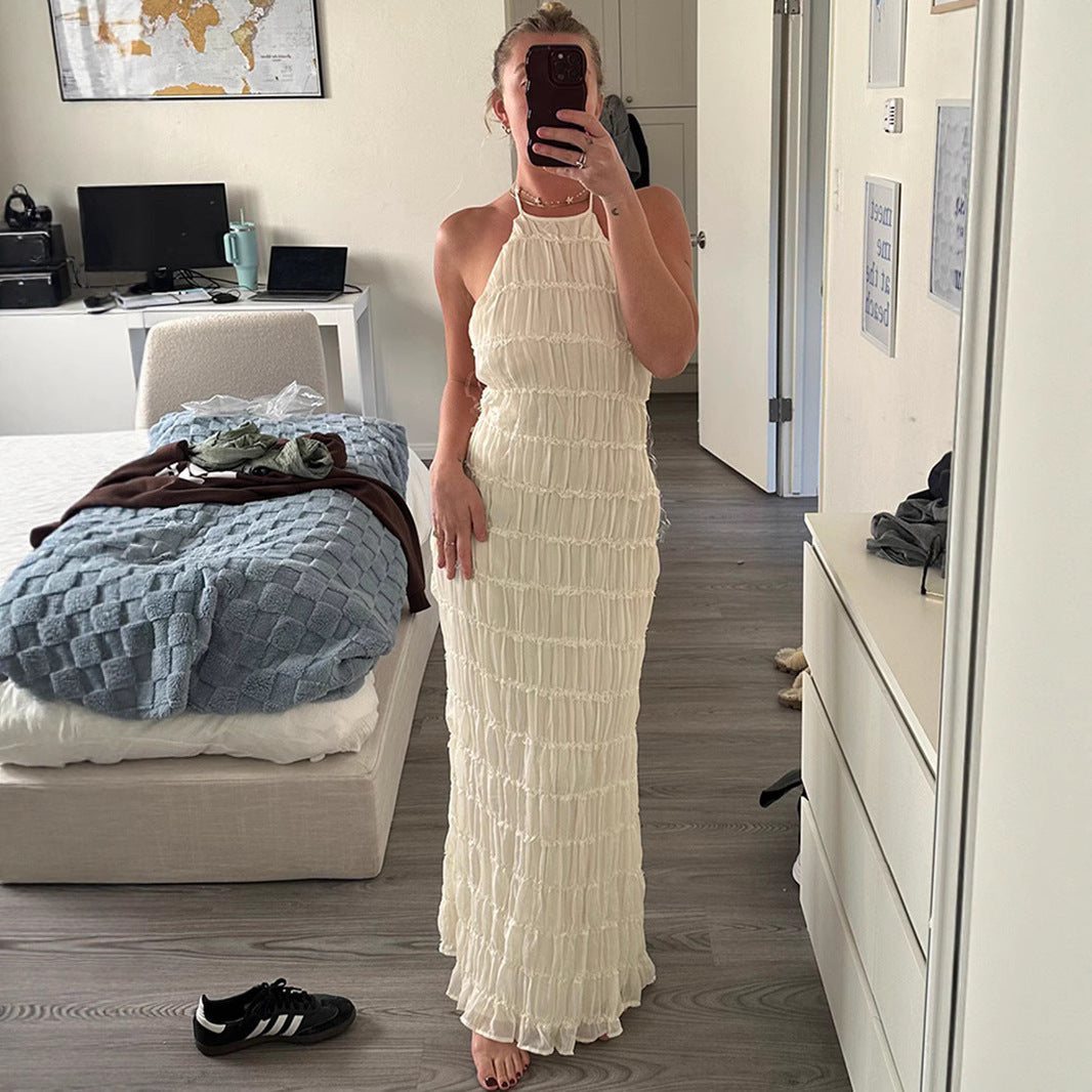 Women's Backless Pleated Stripe Fabric Special Dress Breathable Lace Up Dresses