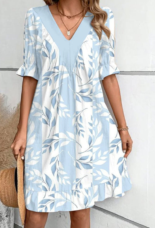 Women's Stitching Printed Ruffle Sleeve Fashionable Elegant Dress
