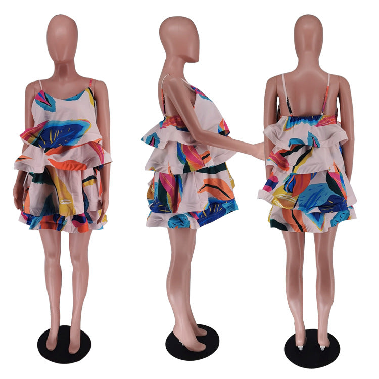 Women's Layered Printed Plastic Fishbone Suspender Dress Dresses