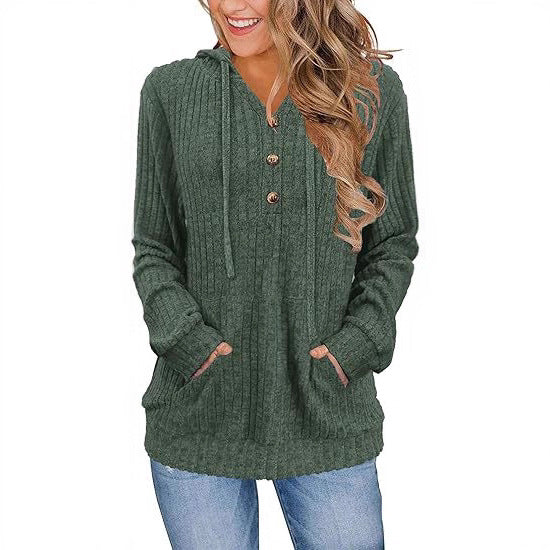 Women's Long Sleeve Hoodie Brushed Sunken Stripe Solid Color Loose Casual Sweater
