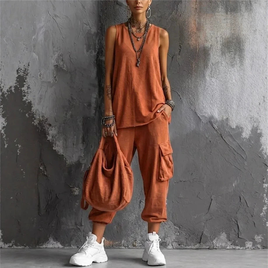 Women's Summer Sleeveless Round Neck Overalls Two-piece Fashion Casual Suit