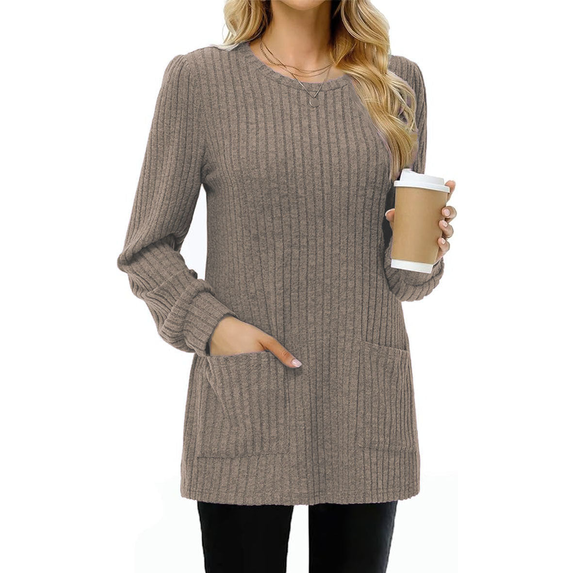 Mid-length Casual Round Neck Sunken Stripe Solid Sweaters