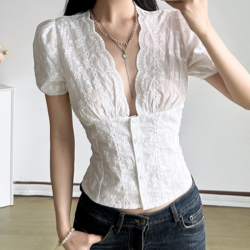 Solid Color Deep V Breasted T-shirt Tops