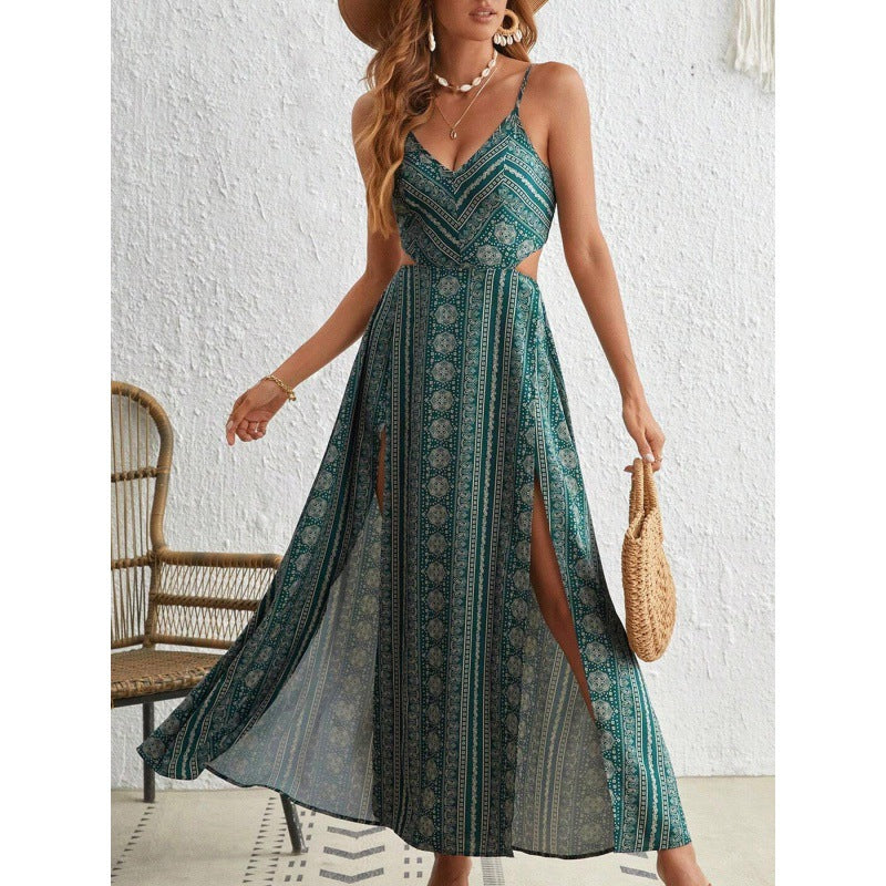 Printed Sexy Backless Sleeveless Split Vacation Dress