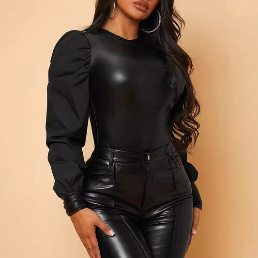 Women's Patent Leather Round Neck Long Sleeve Lantern Tops