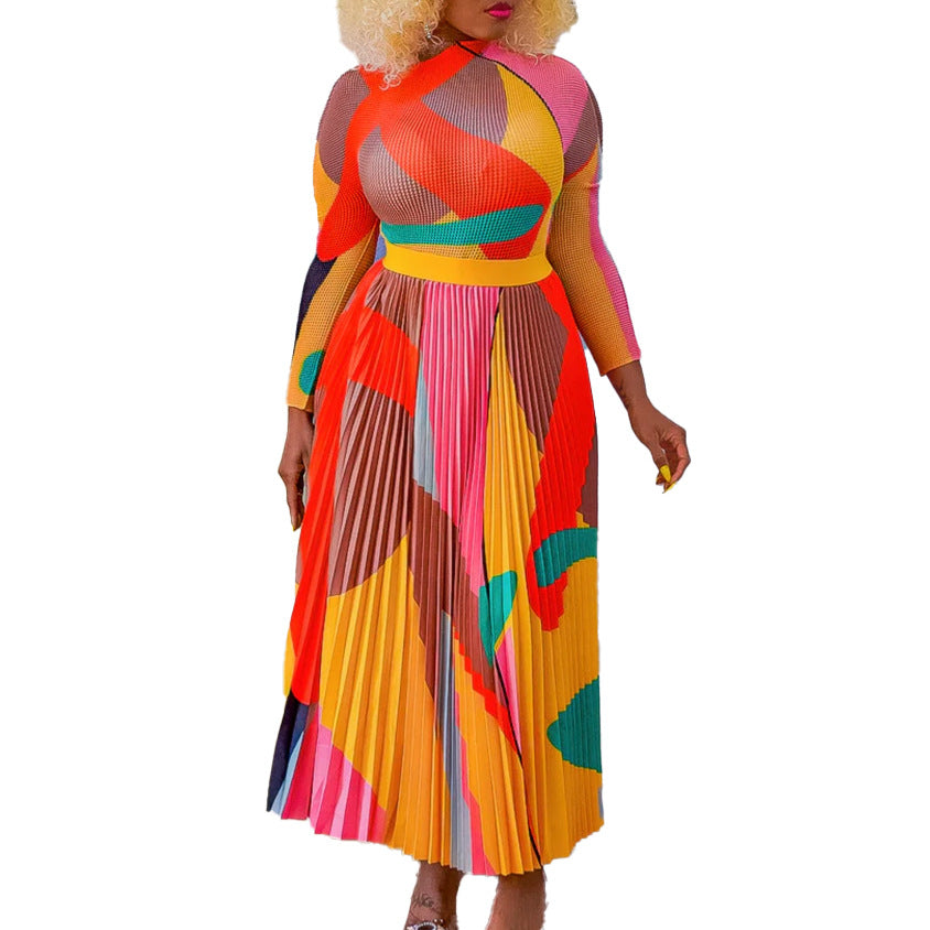 Autumn Pleated Print Contrast Color Long Sleeve Fashion Suits