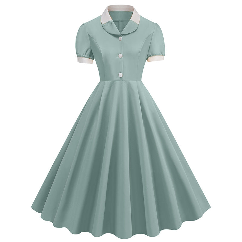 Patchwork Waist Trimming Short-sleeved Retro Hepburn Dresses