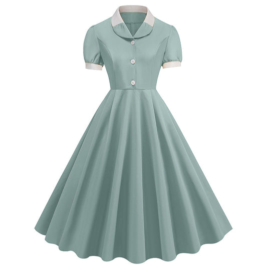Patchwork Waist Trimming Short-sleeved Retro Hepburn Dresses