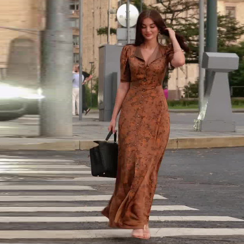 Women's Summer Collar Tight Waist Brown Casual Dresses