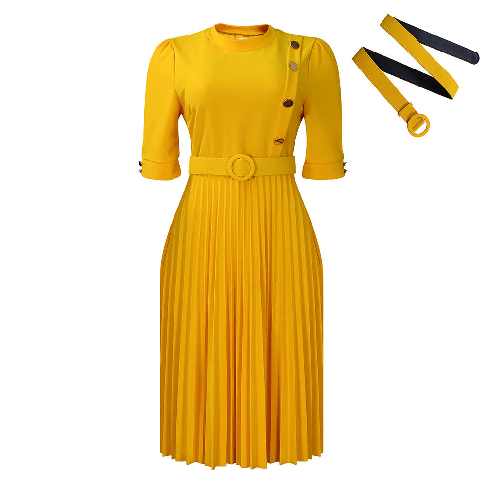 Women's African Temperament Pure Color Pleated Button Dresses