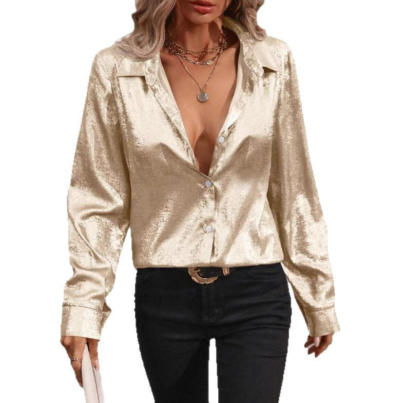 Women's Polo Collar Solid Color Long Sleeve Blouses