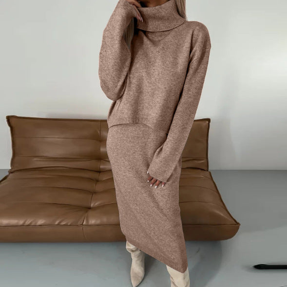 Women's Solid Color Turtleneck Knitting Hip Two-piece Fashion Casual Suit