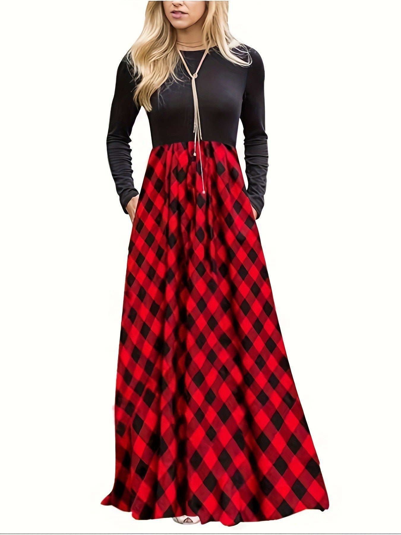 Women's Neck Stitching Contrast Color Check Fashion Casual Swing Dress