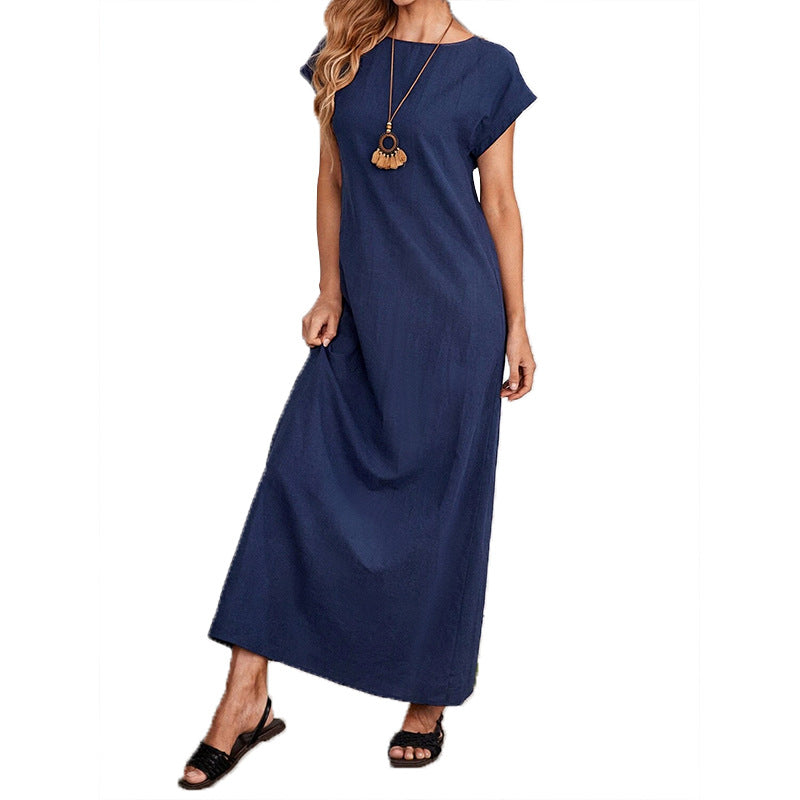 Women's Summer Simple Style Round Neck Sleeve Loose Casual Long Solid Dress