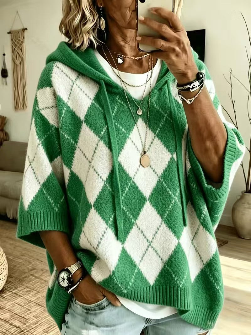 Knitted Plaid Printed Casual Hooded Drawstring Tops