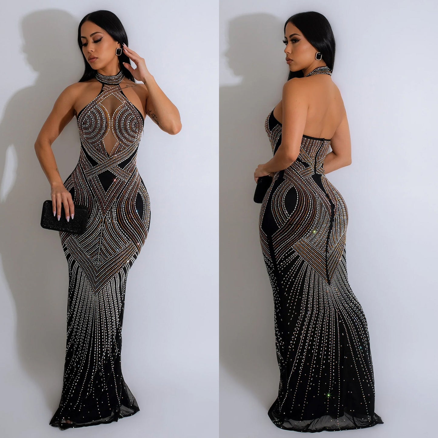 Women's Wear Pure Color Mesh Hot Rhinestone Dresses