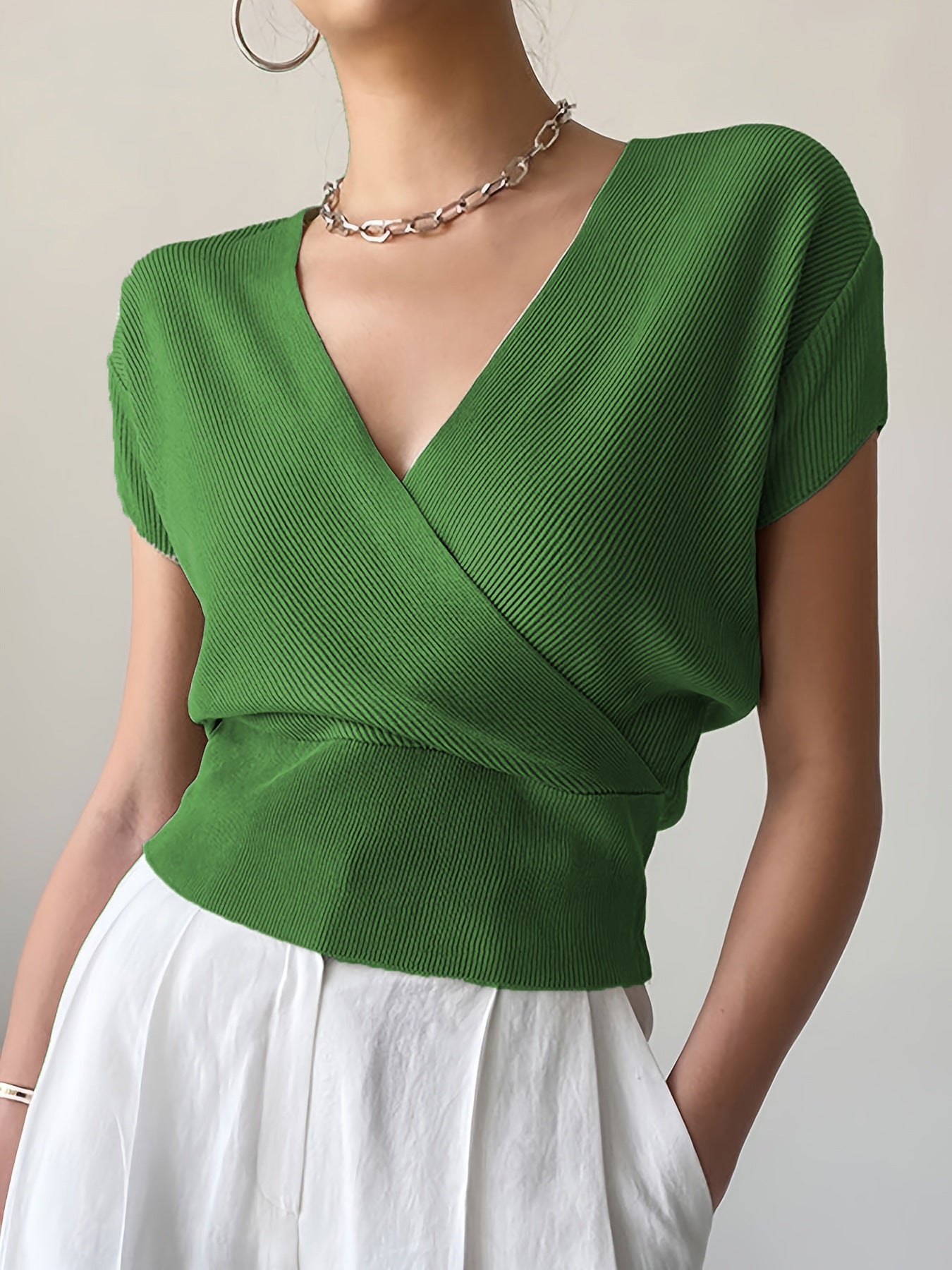 Women's Color With Cross Collar On Both Sides Easy Matching Waisted Women's Sweater
