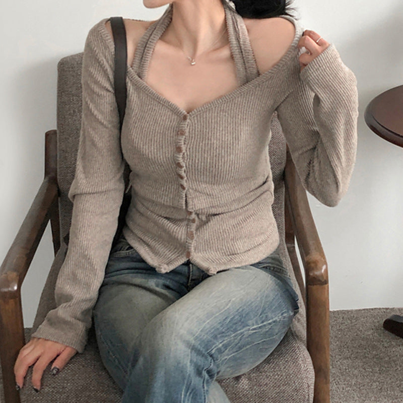 Women's Slimming Halter Sling Breasted Minimalist Long Sleeve Two-piece Set Blouses
