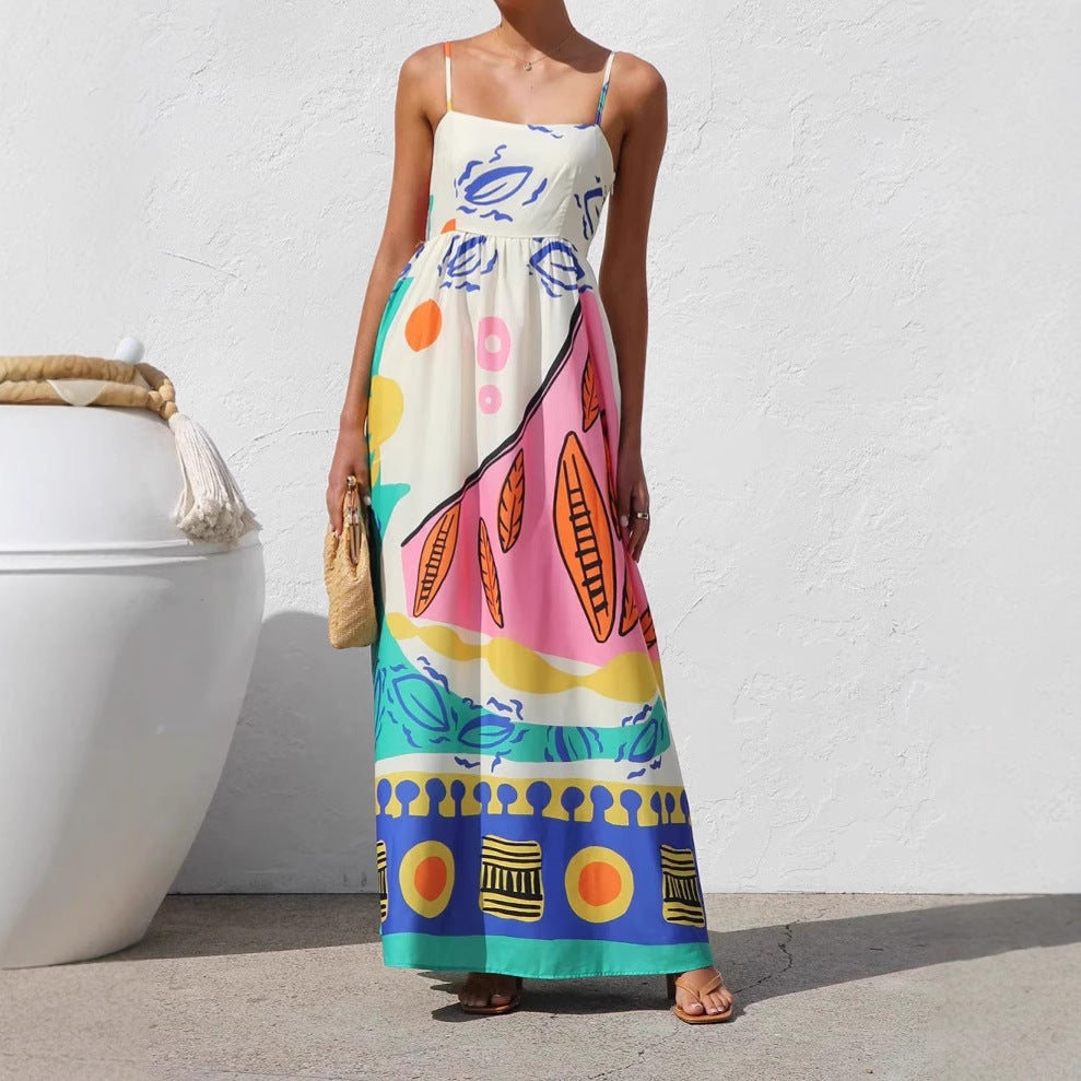 Summer Vacation Style Printing Slip Beach Dress