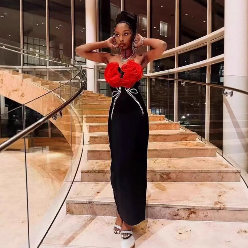 Red Flower Drill Chain Sexy Low Cut Strapless Dresses