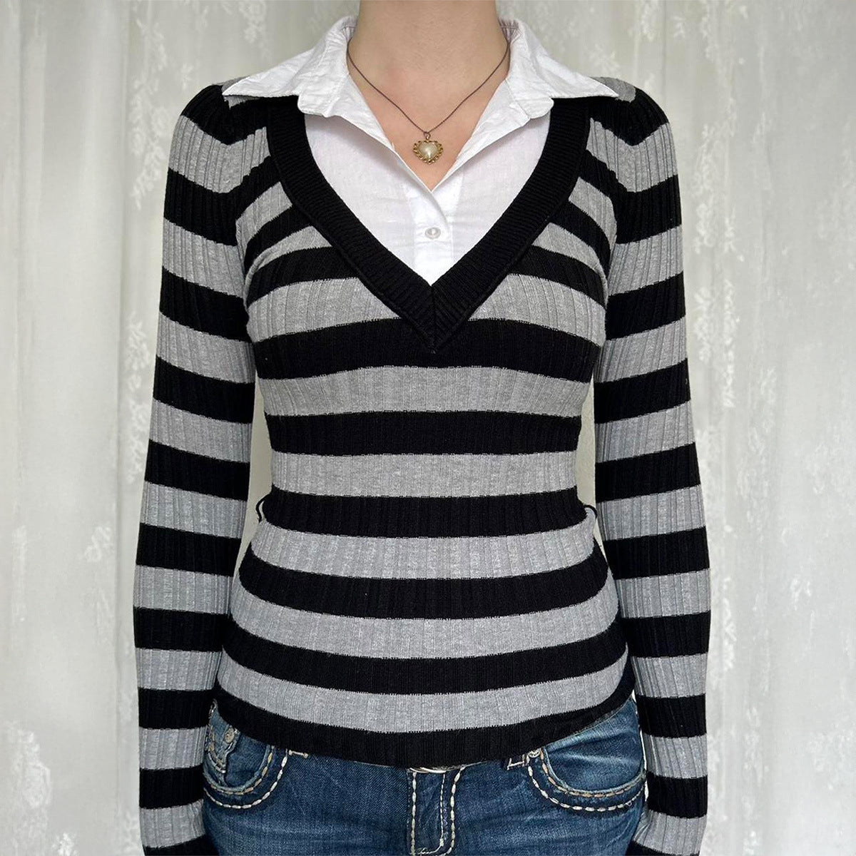 Women's Leisure Vacation Stitching Stripe Long Sleeves Blouses