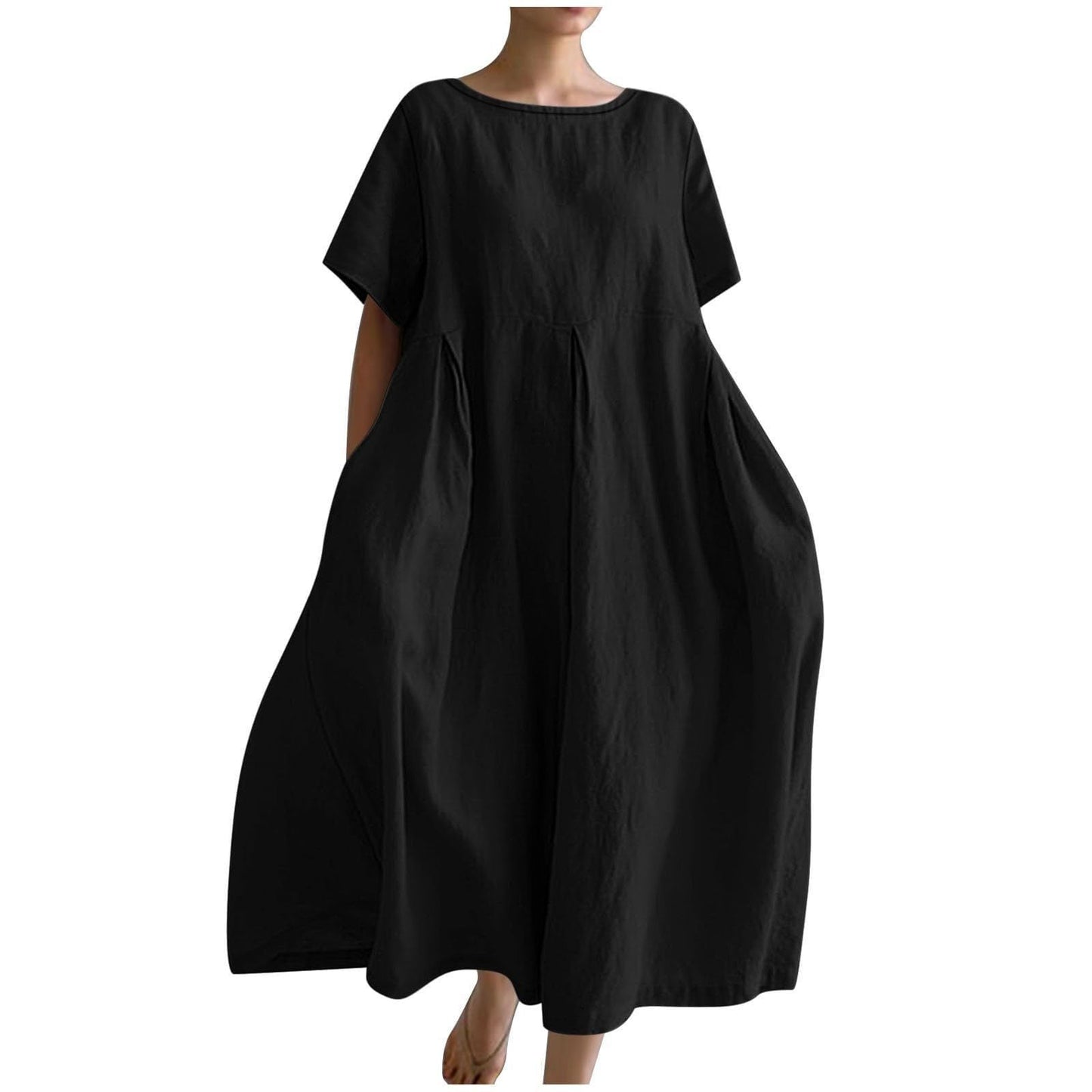 Women's Cotton Linen Loose Round Neck Fashion Dress